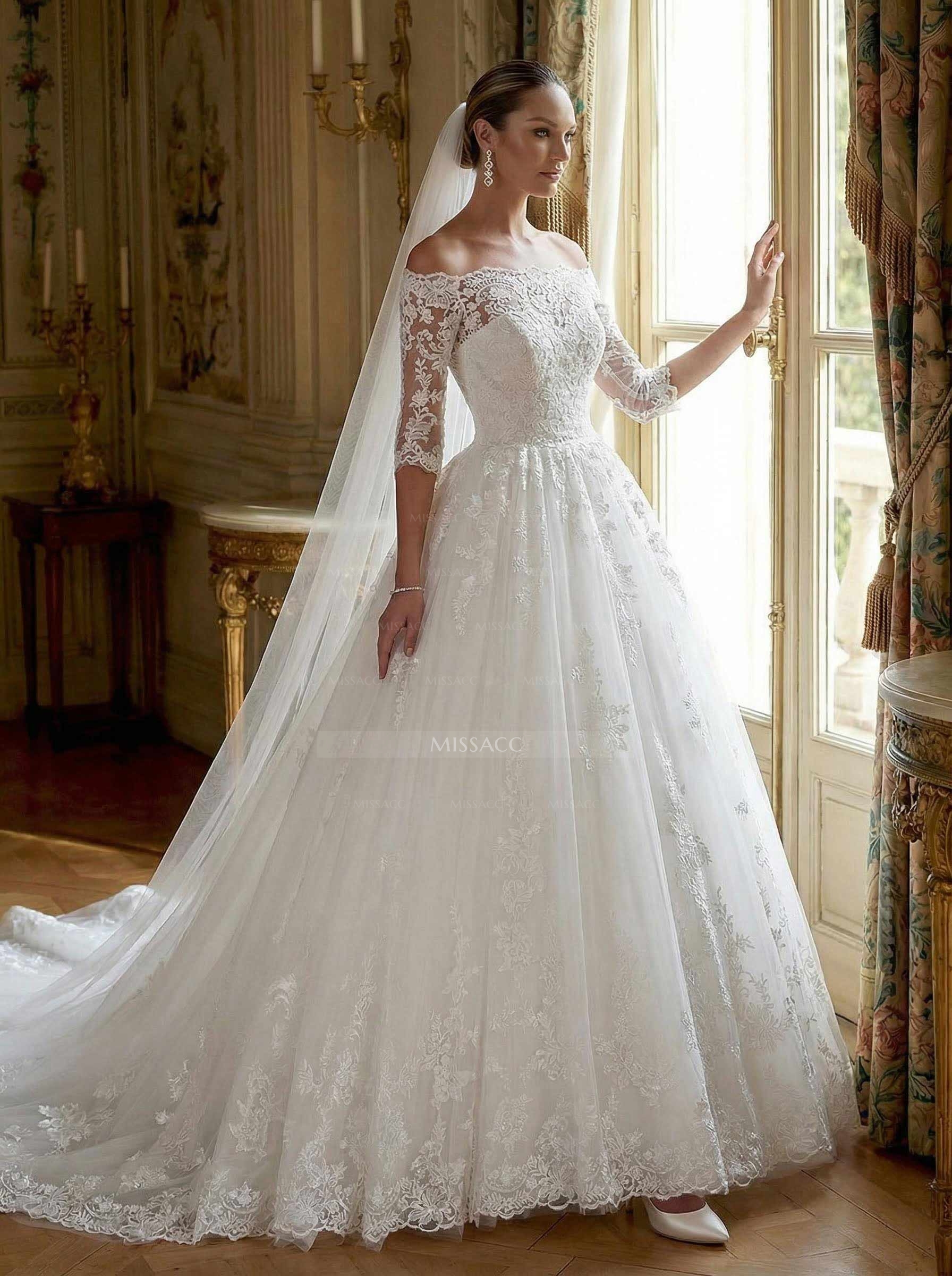 Elegant Off-The-Shoulder 1/2 Sleeves Ball-Gown Court Train Lace/Tulle Wedding Dresses