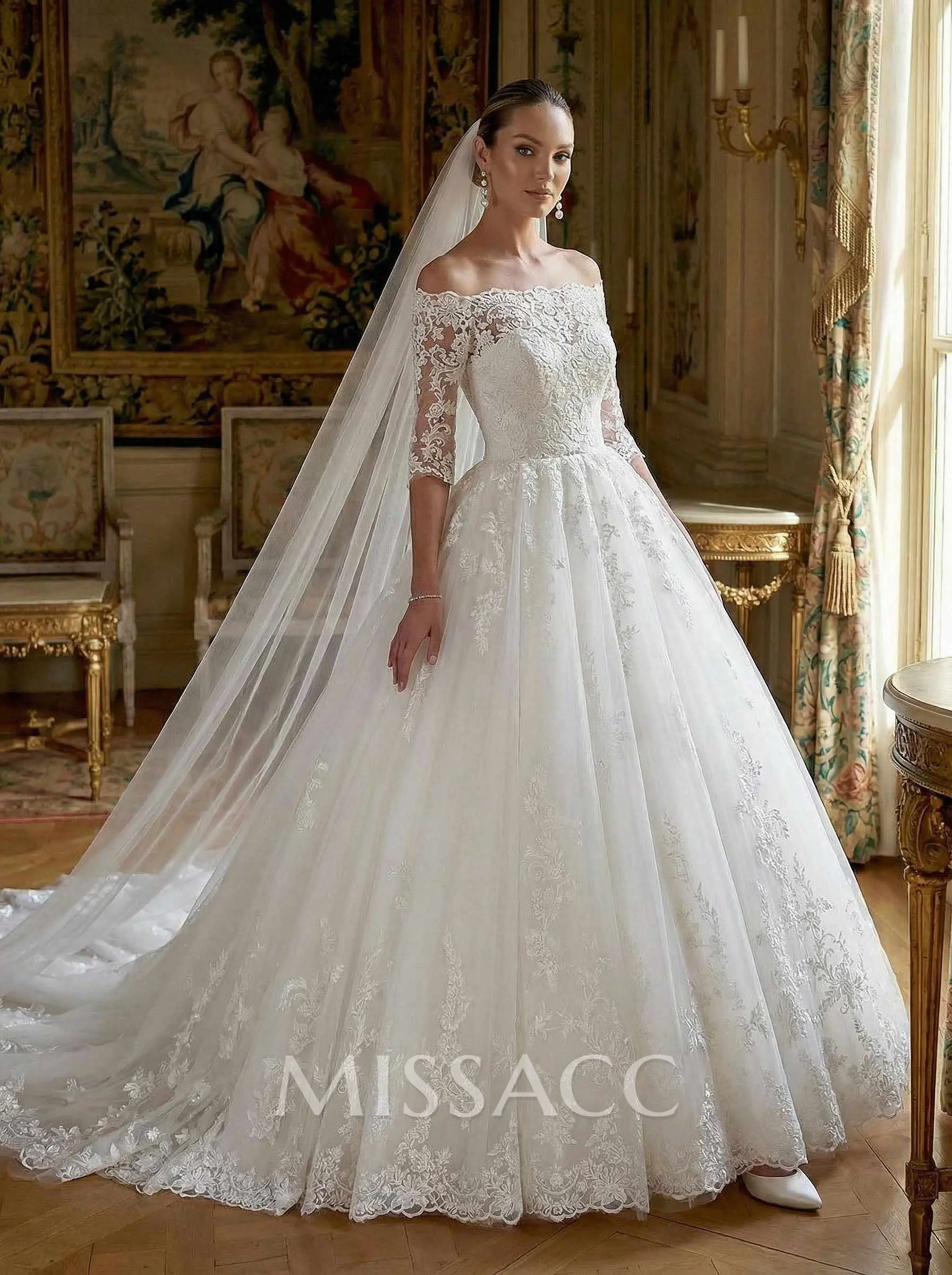 Ball-Gown Off-The-Shoulder 1/2 Sleeves Cathedral Lace/Tulle Wedding Dresses With Appliques Lace #SWD12655