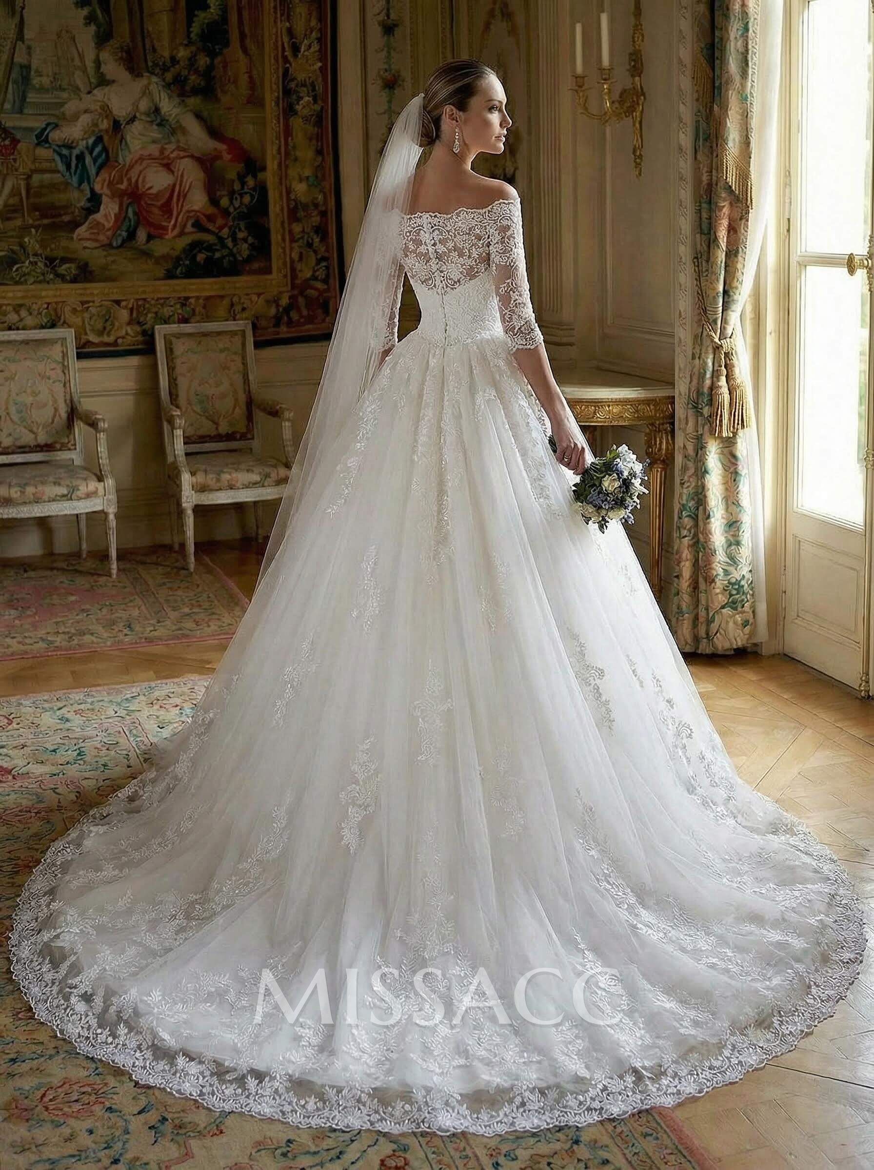 Elegant Off-The-Shoulder 1/2 Sleeves Ball-Gown Court Train Lace/Tulle Wedding Dresses Elegant Off-The-Shoulder 1/2 Sleeves Ball-Gown Court Train Lace/Tulle Wedding Dresses