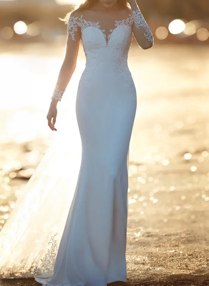 Elegant V-Neck Long Sleeves Detachable /Elastic Satin Wedding Dresses With  Appliques Lace - Missacc