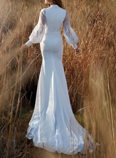 Elegant V-Neck Lace Long Lantern Sleeves Sweep Train Elastic Satin Wedding Dresses