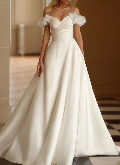 Elegant Flower(s) Off-The-Shoulder A-Line Sweep Train Satin Wedding Dresses