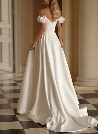 Elegant Flower(s) Off-The-Shoulder A-Line Sweep Train Satin Wedding Dresses