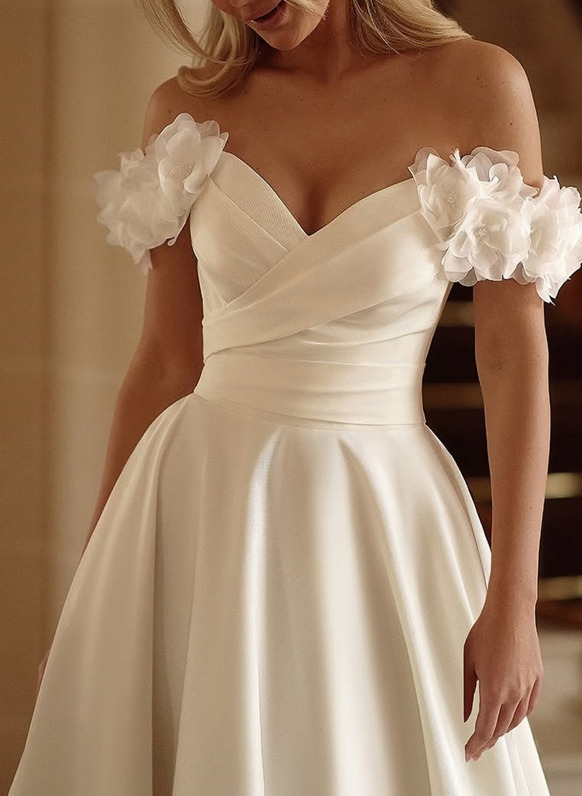 Elegant Flower(s) Off-The-Shoulder A-Line Sweep Train Satin Wedding Dresses