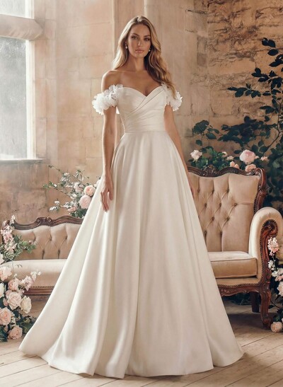 Elegant Flower(s) Off-The-Shoulder A-Line Sweep Train Matte Satin Wedding Dresses