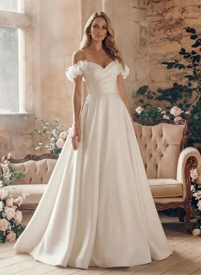 Elegant Flower(s) Off-The-Shoulder A-Line Court Train Matte Satin Wedding Dresses