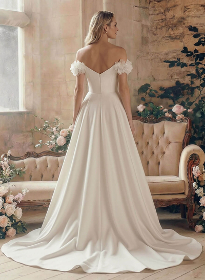 Elegant Flower(s) Off-The-Shoulder A-Line Sweep Train Matte Satin Wedding Dresses