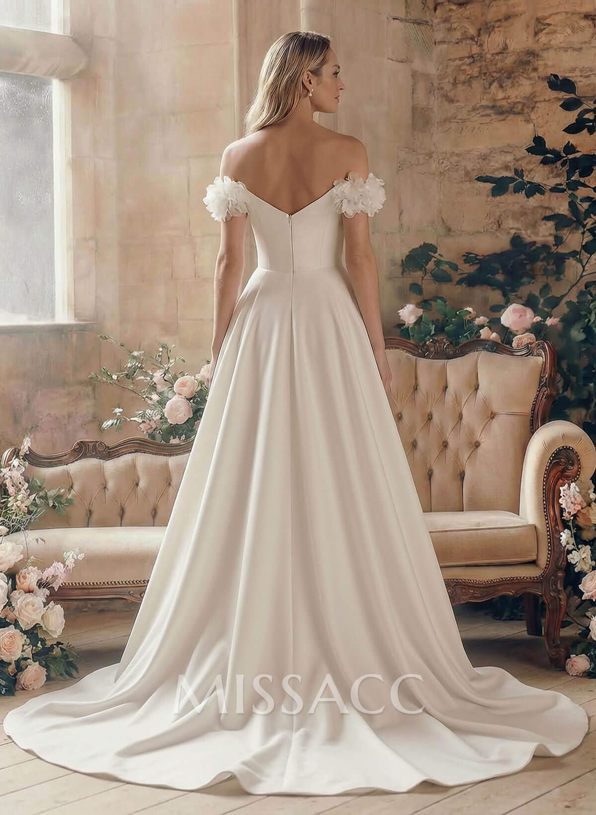 Elegant Flower(s) Off-The-Shoulder A-Line Court Train Matte Satin Wedding Dresses Elegant Flower(s) Off-The-Shoulder A-Line Court Train Matte Satin Wedding Dresses