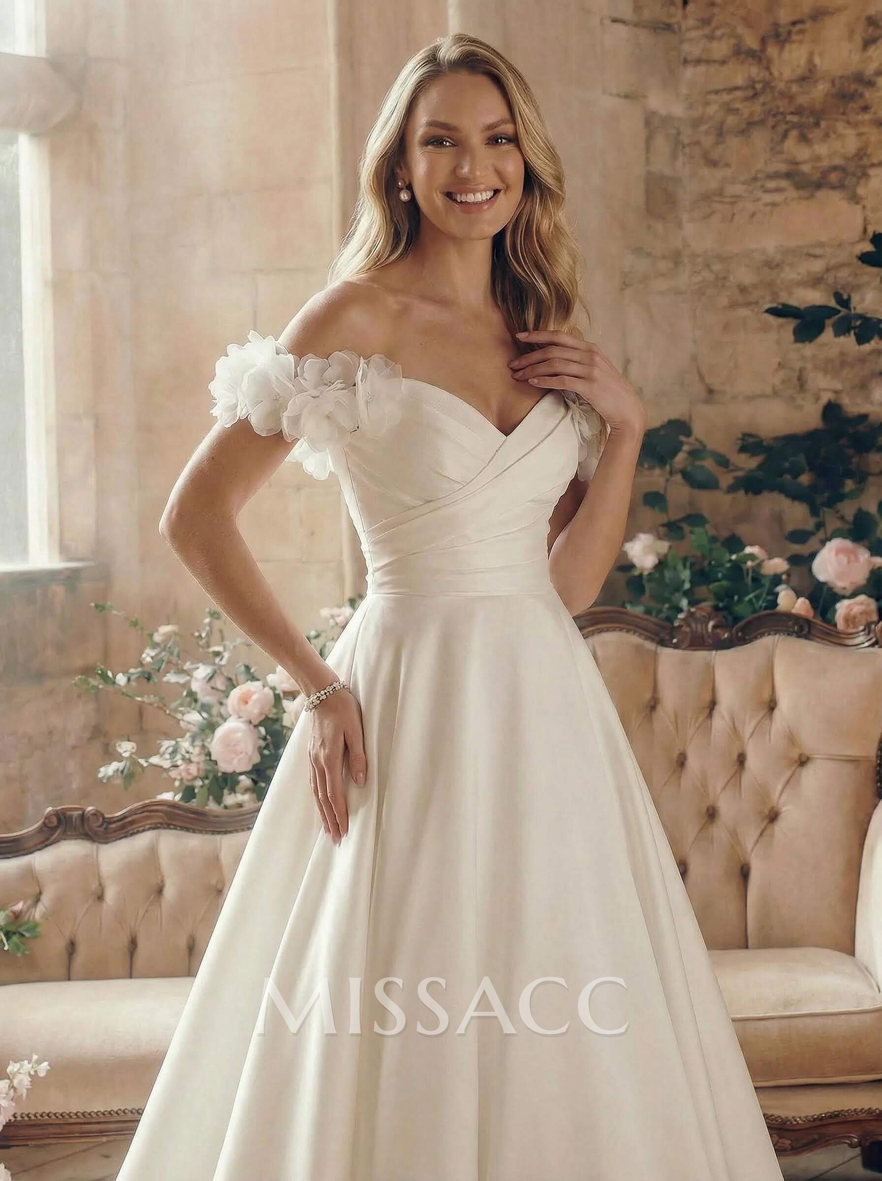 Elegant Flower(s) Off-The-Shoulder A-Line Court Train Matte Satin Wedding Dresses Elegant Flower(s) Off-The-Shoulder A-Line Court Train Matte Satin Wedding Dresses