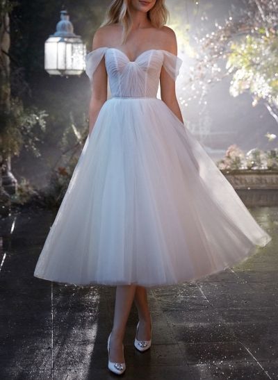 Classic Pleated Off-The-Shoulder A-Line Tea-Length Tulle Wedding Dresses