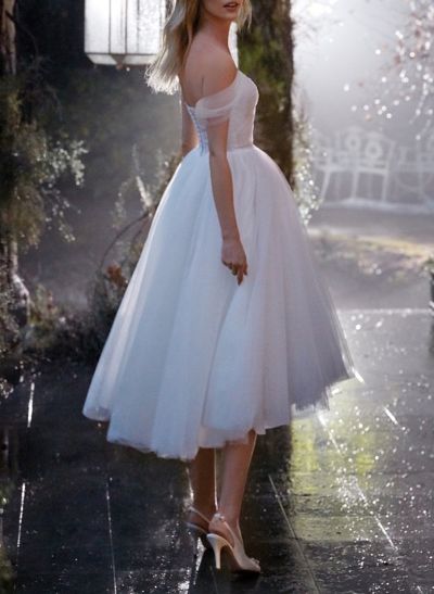 Classic Pleated Off-The-Shoulder A-Line Tea-Length Tulle Wedding Dresses