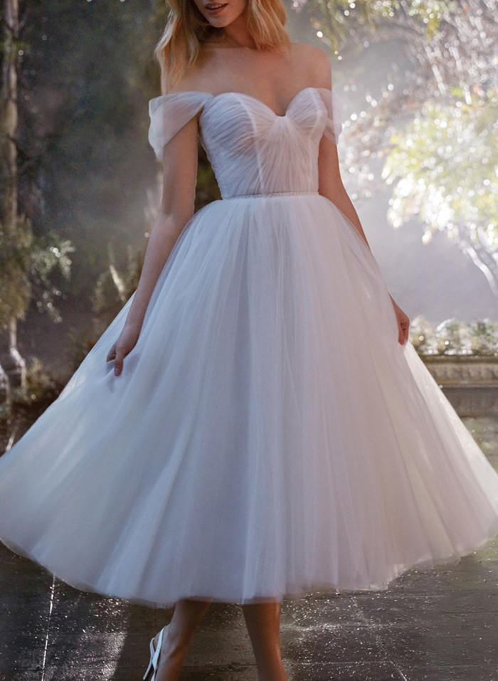 Classic Pleated Off-The-Shoulder A-Line Tea-Length Tulle Wedding Dresses