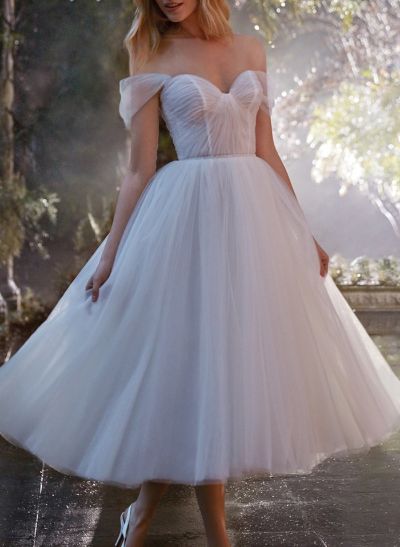 Classic Pleated Off-The-Shoulder A-Line Tea-Length Tulle Wedding Dresses