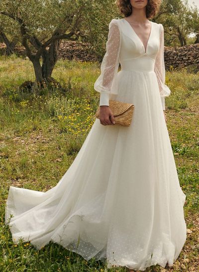 Elegant A-Line V-Neck Long Sleeves Sweep Train Tulle Wedding Dresses