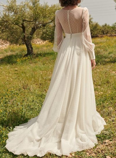 Elegant A-Line V-Neck Long Sleeves Sweep Train Tulle Wedding Dresses