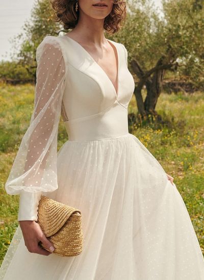 Elegant A-Line V-Neck Long Sleeves Sweep Train Tulle Wedding Dresses