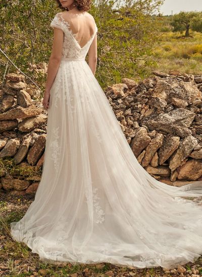 Dreamy Illusion Neck A-Line Sweep Train Lace/Tulle Wedding Dresses