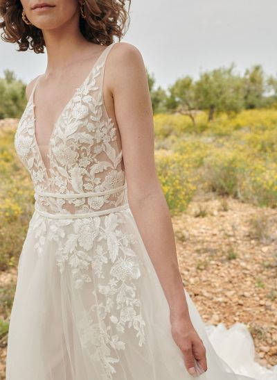 Dreamy V-Neck Appliques Lace A-Line Sweep Train Tulle Wedding Dresses