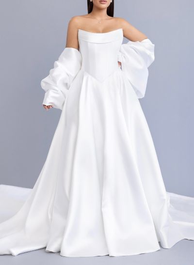 Elegant Strapless Sleeveless Bow(s) A-Line Court Train Satin Wedding Dresses