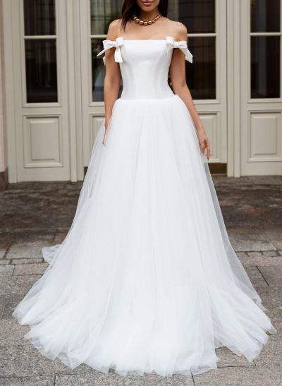 Unique Bow(s) Off-The-Shoulder A-Line Sweep Train Satin/Tulle Wedding Dresses