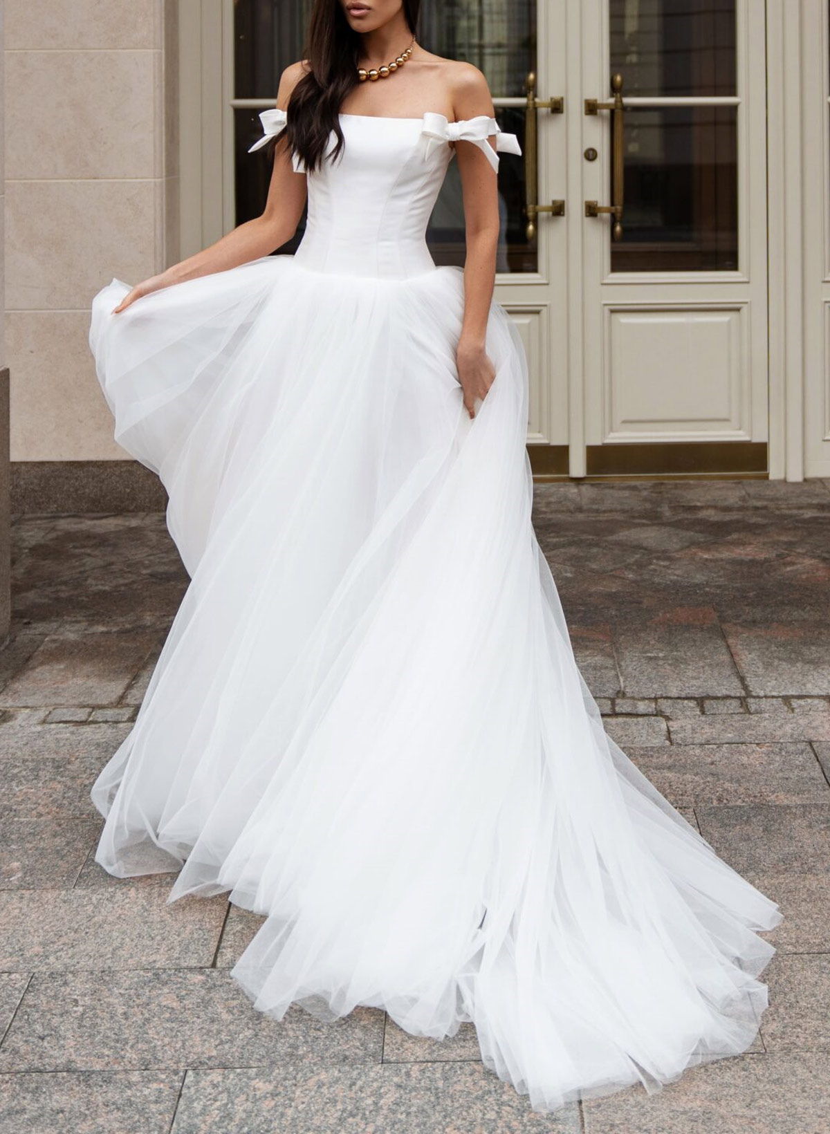 Unique Bow(s) Off-The-Shoulder A-Line Sweep Train Satin/Tulle Wedding Dresses