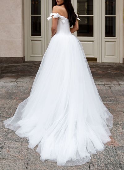 Unique Bow(s) Off-The-Shoulder A-Line Sweep Train Satin/Tulle Wedding Dresses