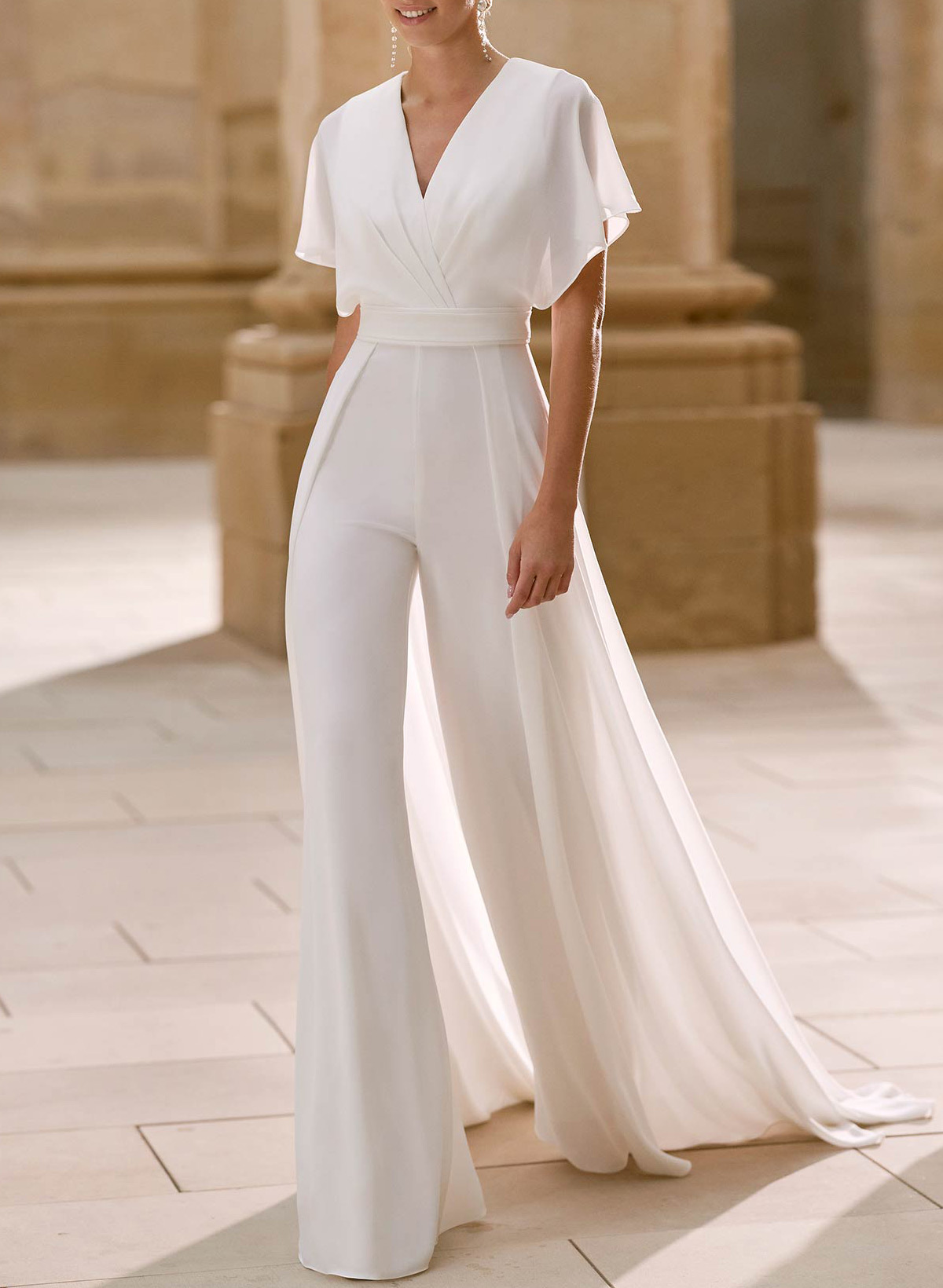 Elegant V-Neck Short Sleeves Sweep Train Chiffon Wedding Dresses