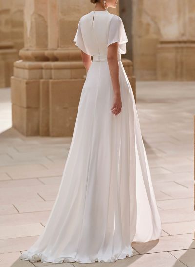 Elegant V-Neck Short Sleeves Sweep Train Chiffon Wedding Dresses