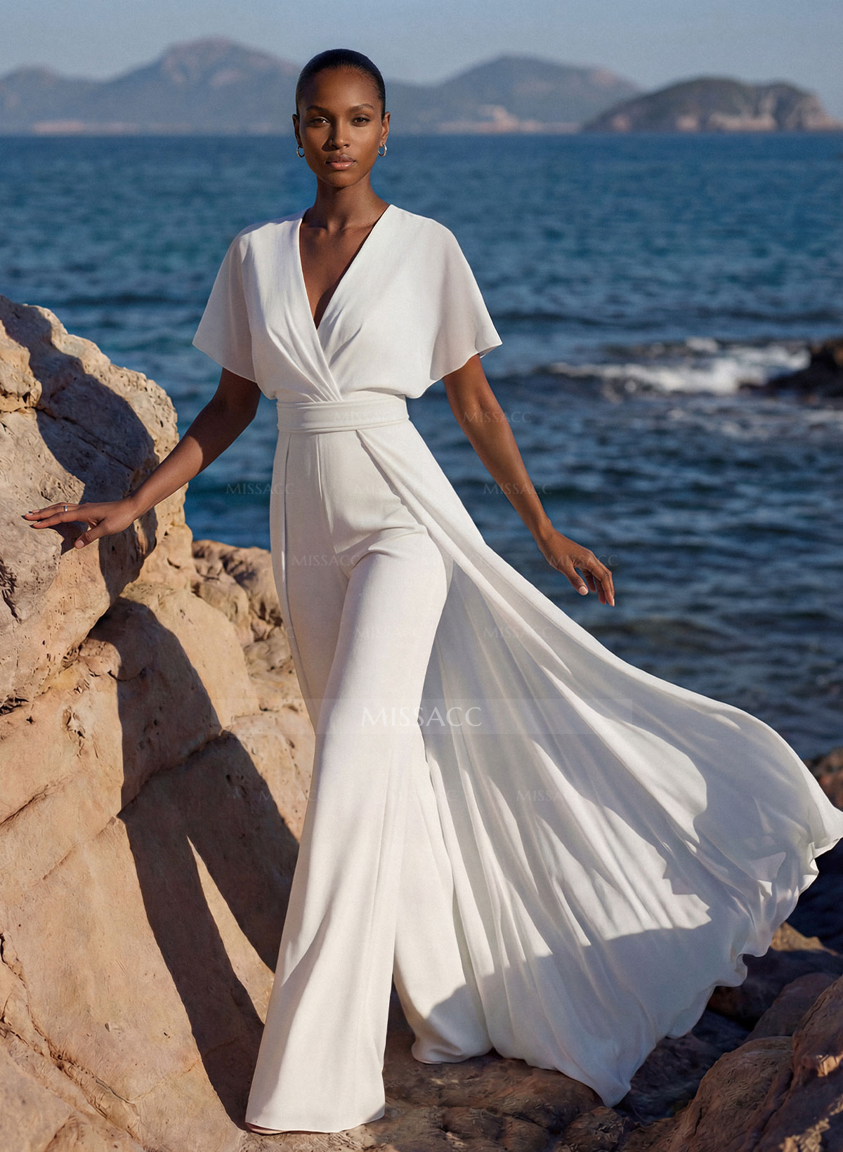 Elegant V-Neck Short Sleeves Sweep Train Chiffon Wedding Dresses