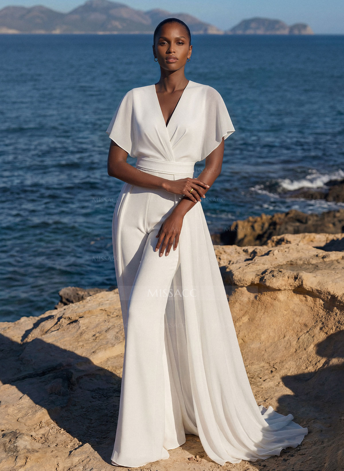 Elegant V-Neck Short Sleeves Sweep Train Chiffon Wedding Dresses