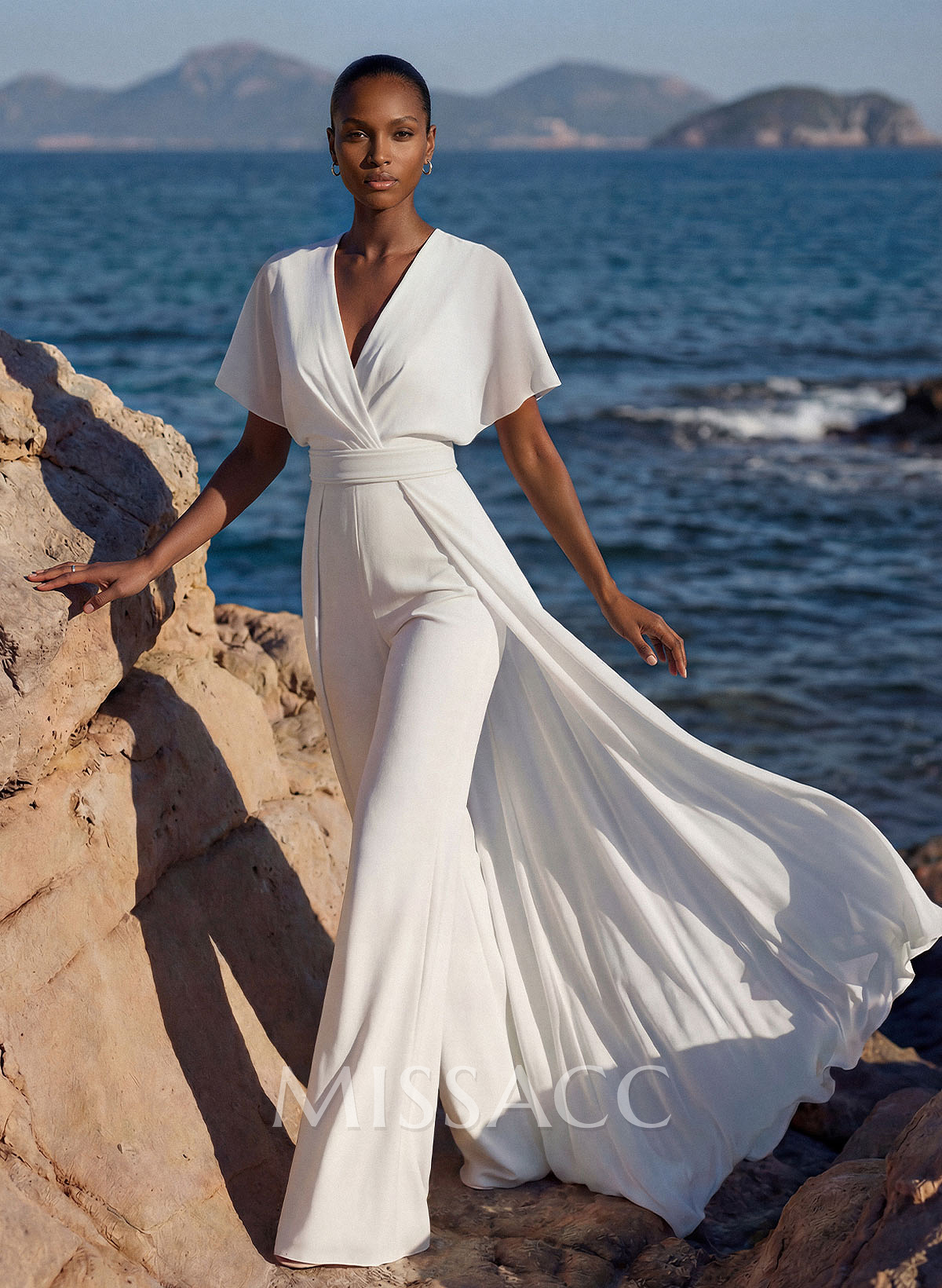 Elegant V-Neck Short Sleeves Sweep Train Chiffon Wedding Dresses