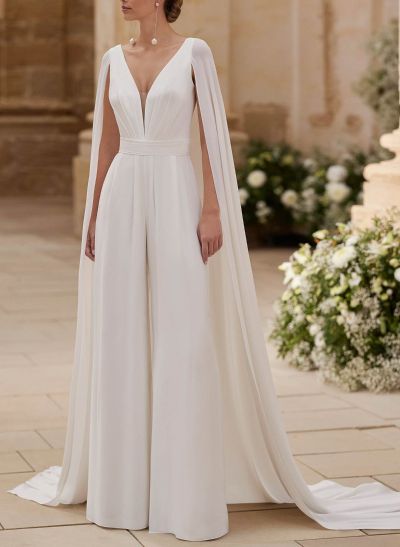 Elegant V-Neck Cape Sleeves Sweep Train Chiffon Wedding Dresses