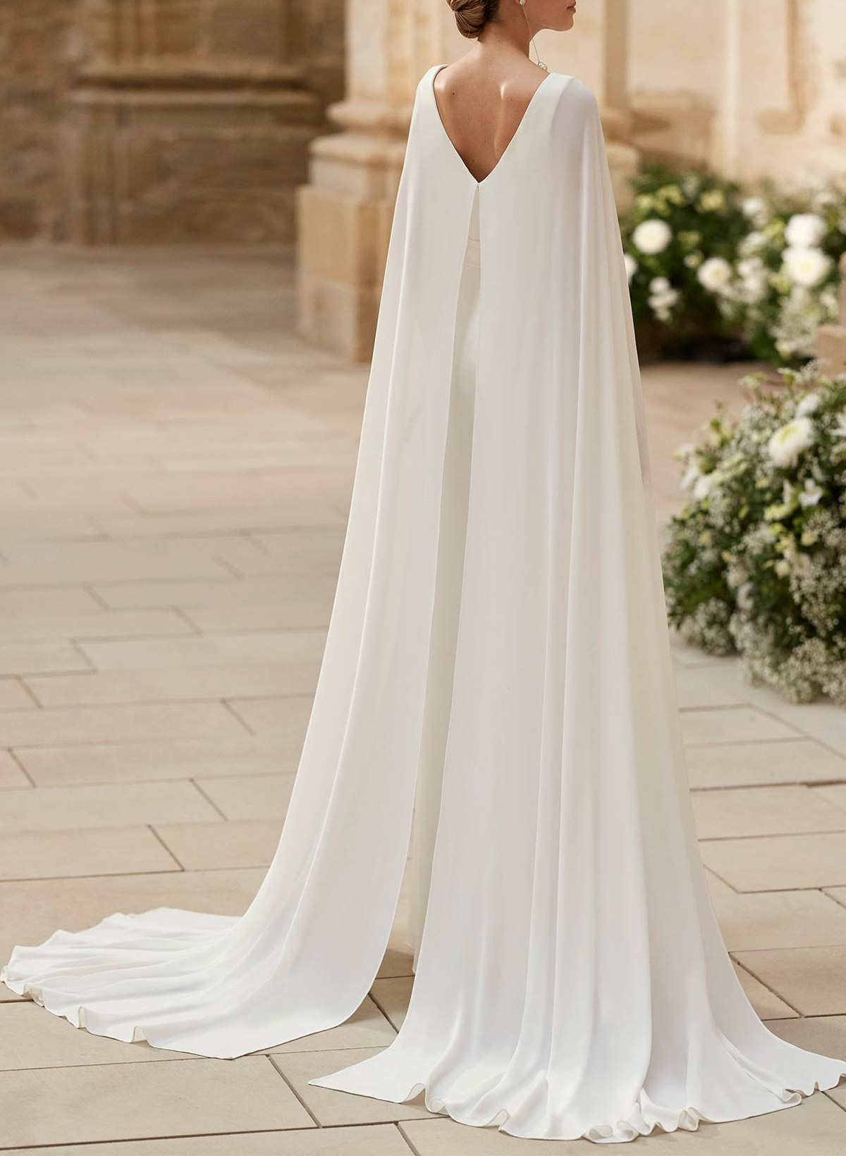 Elegant V-Neck Cape Sleeves Sweep Train Chiffon Wedding Dresses