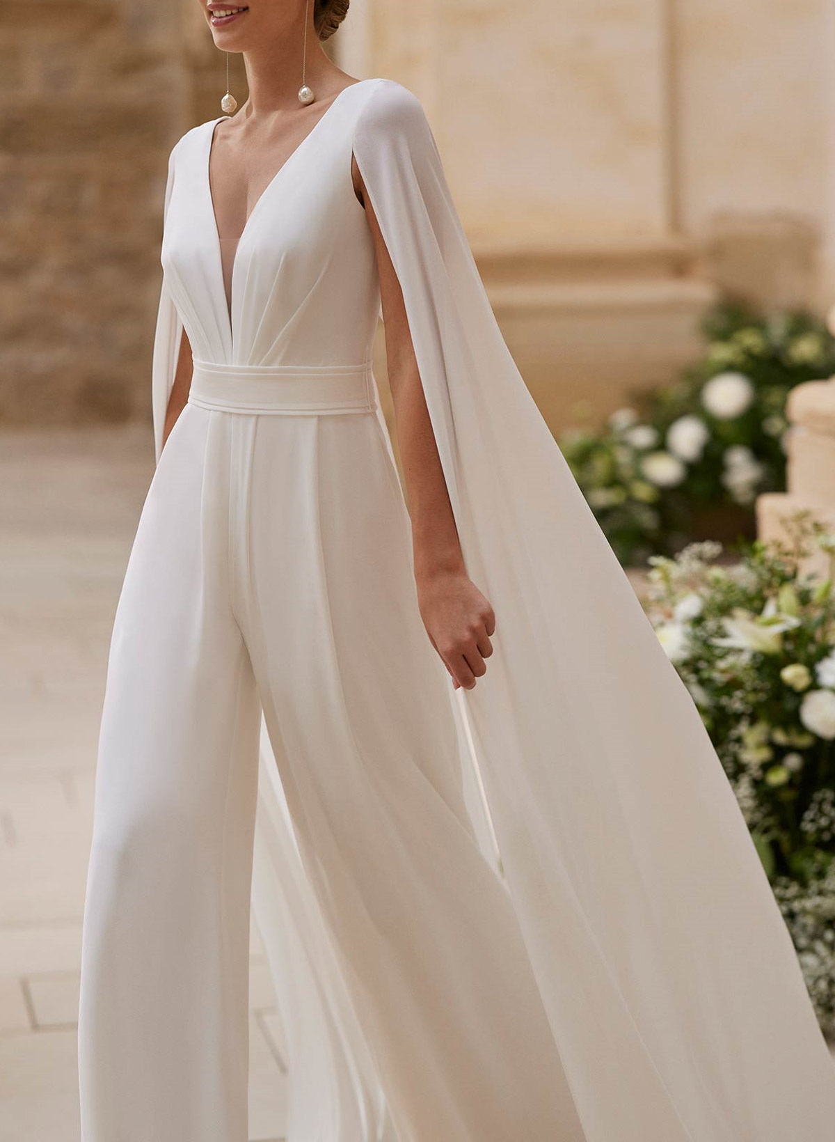 Elegant V-Neck Cape Sleeves Sweep Train Chiffon Wedding Dresses