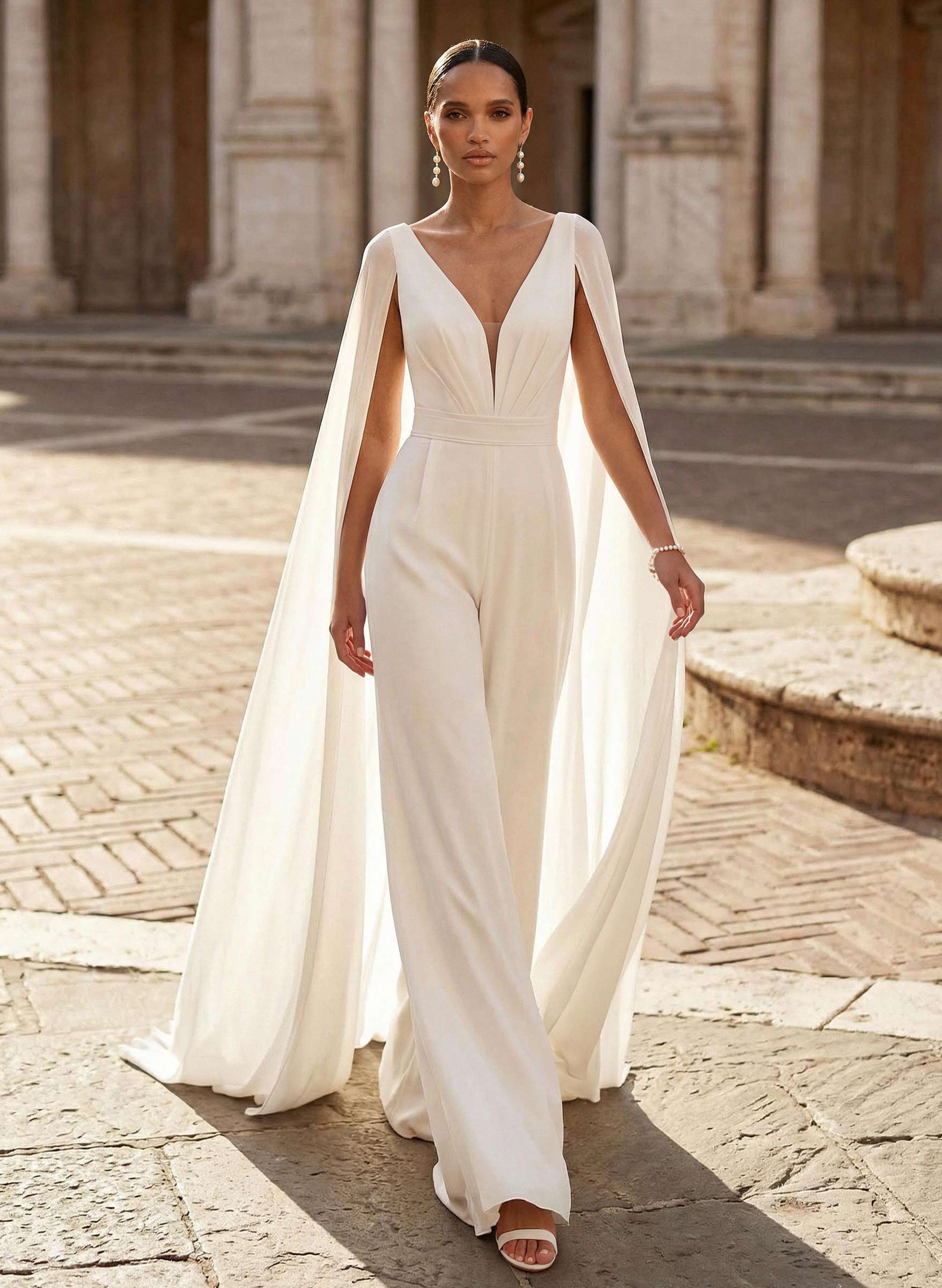 Elegant V-Neck Cape Sleeves Sweep Train Chiffon Wedding Dresses