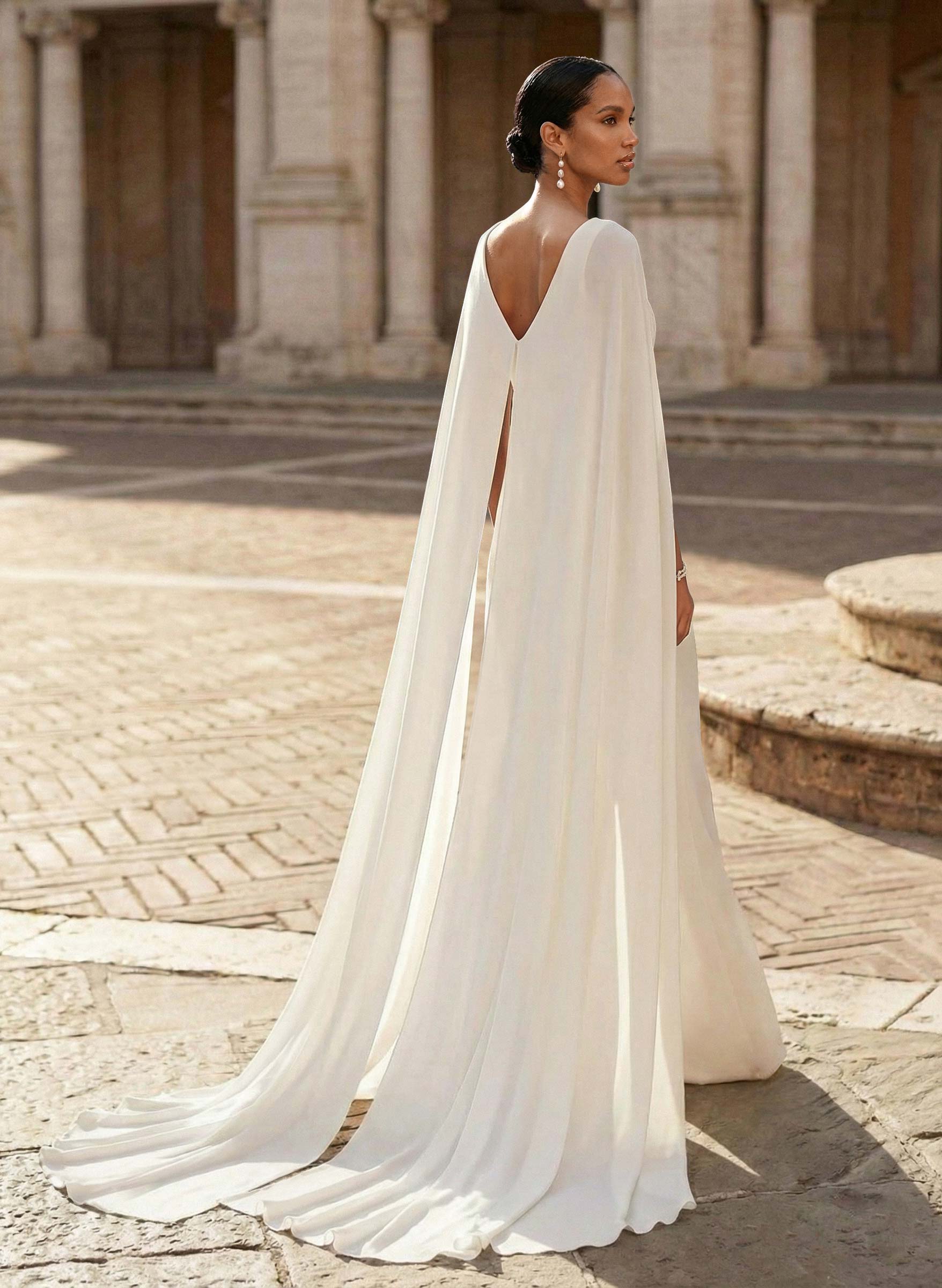 Elegant V-Neck Cape Sleeves Sweep Train Chiffon Wedding Dresses