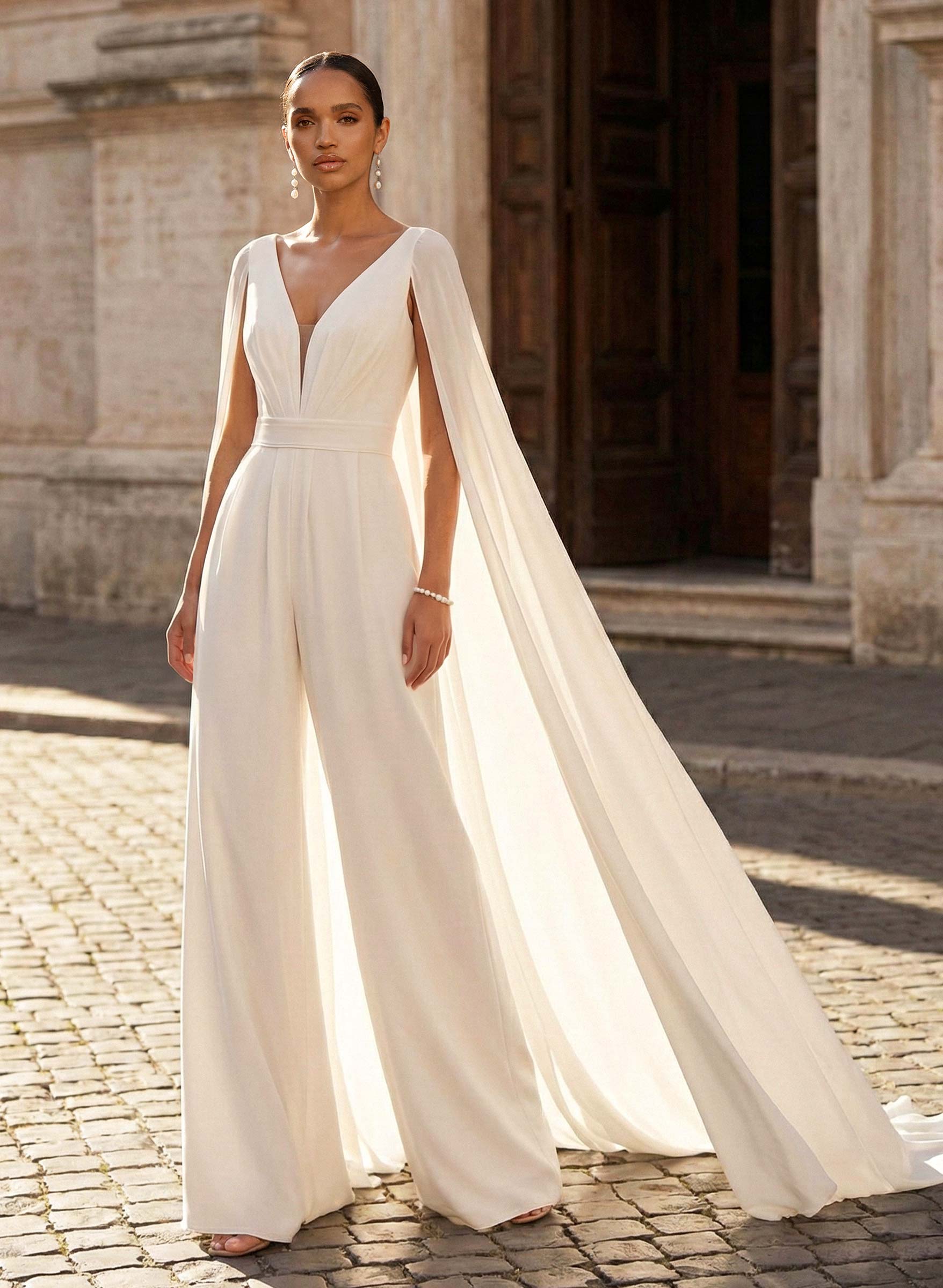 Elegant V-Neck Cape Sleeves Sweep Train Chiffon Wedding Dresses