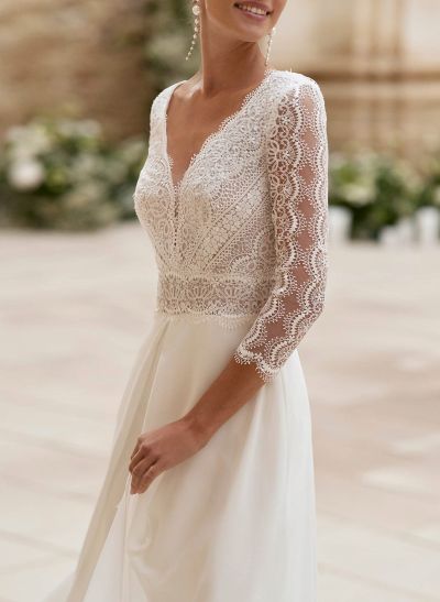 Elegant V-Neck 3/4 Sleeves Sweep Train Lace/Chiffon Wedding Dresses