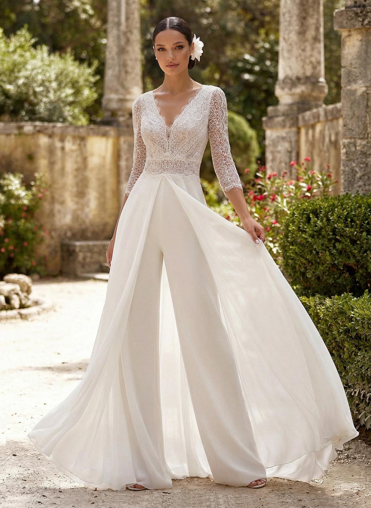 Elegant V-Neck 3/4 Sleeves Sweep Train Lace/Chiffon Wedding Dresses