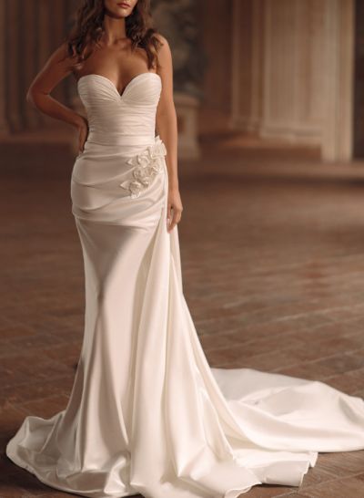 Unique Ruched Sweetheart Flower(s) Sweeping Side Drape Satin Wedding Dresses