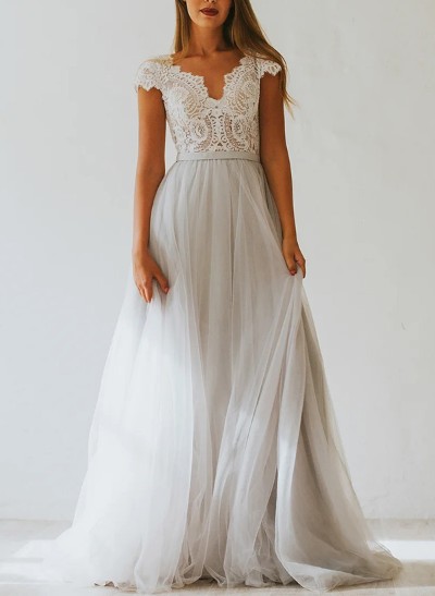 A-Line V-Neck Sleeveless Sweep Train Tulle Bridesmaid Dresses With Lace