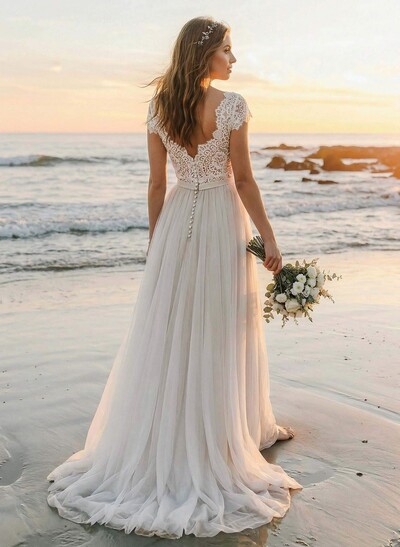 A-Line V-Neck Sleeveless Sweep Train Tulle Bridesmaid Dresses With Lace