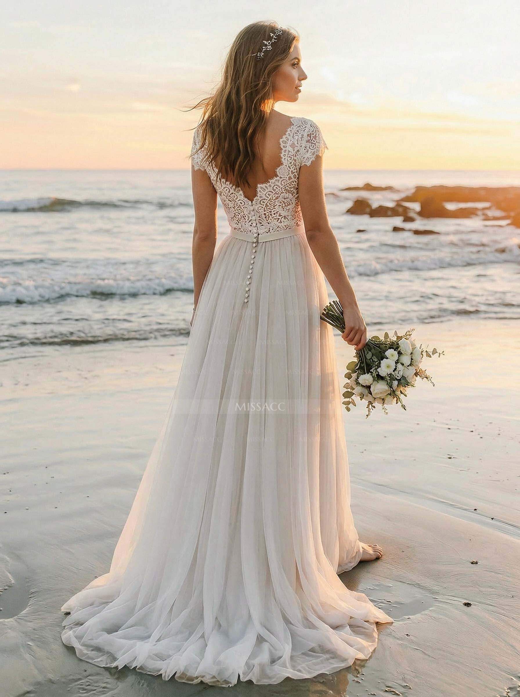 A-Line V-Neck Sleeveless Sweep Train Tulle Bridesmaid Dresses With Lace