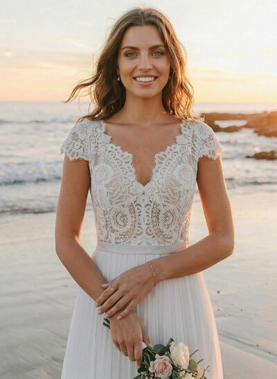 A-Line V-Neck Sleeveless Sweep Train Tulle Bridesmaid Dresses With Lace