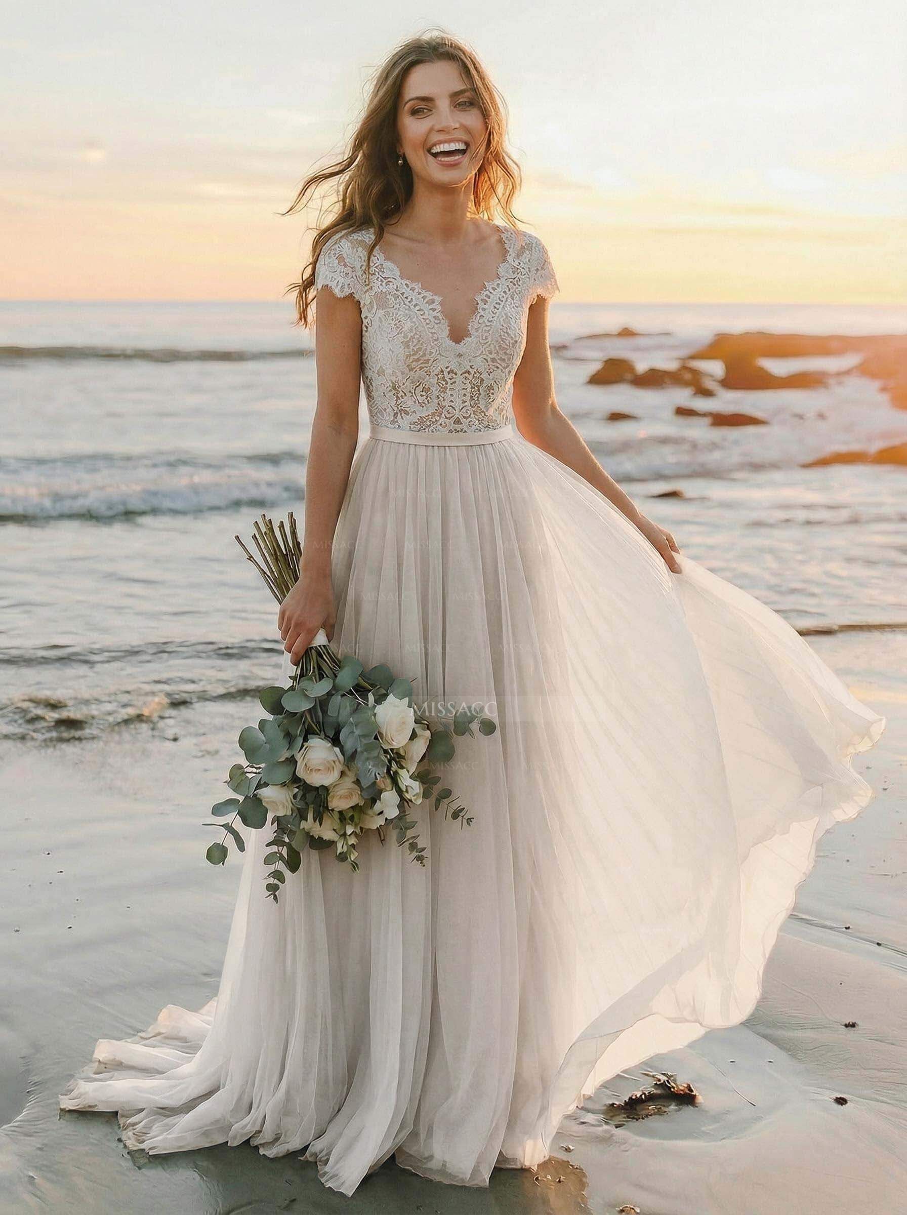 A-Line V-Neck Sleeveless Sweep Train Tulle Bridesmaid Dresses With Lace