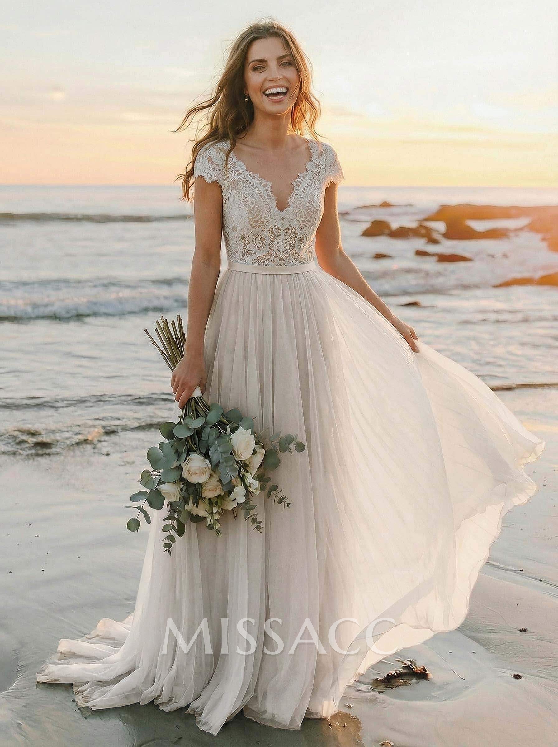A-Line V-Neck Sleeveless Sweep Train Tulle Bridesmaid Dresses With Lace