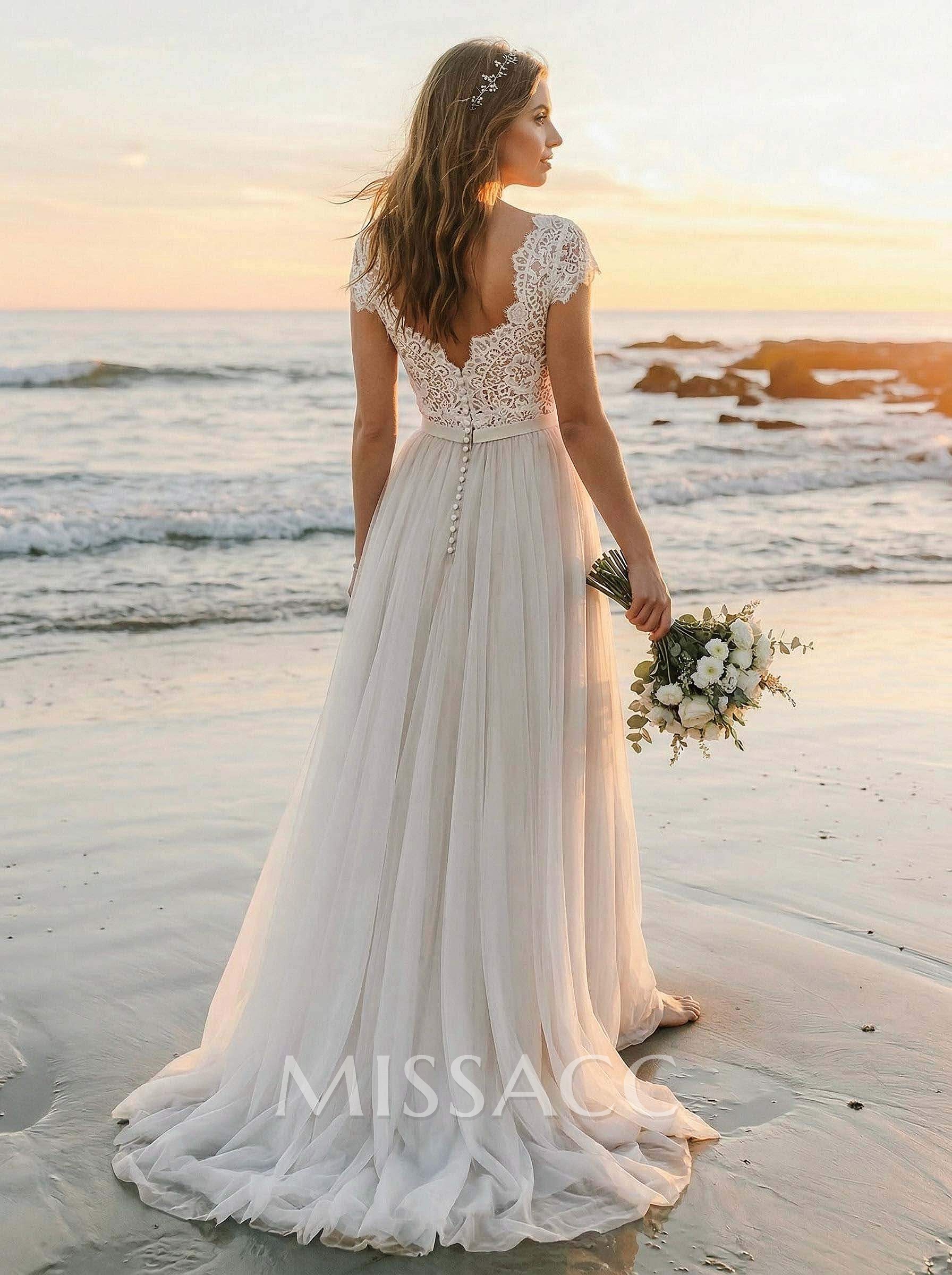 A-Line V-Neck Sleeveless Sweep Train Tulle Bridesmaid Dresses With Lace
