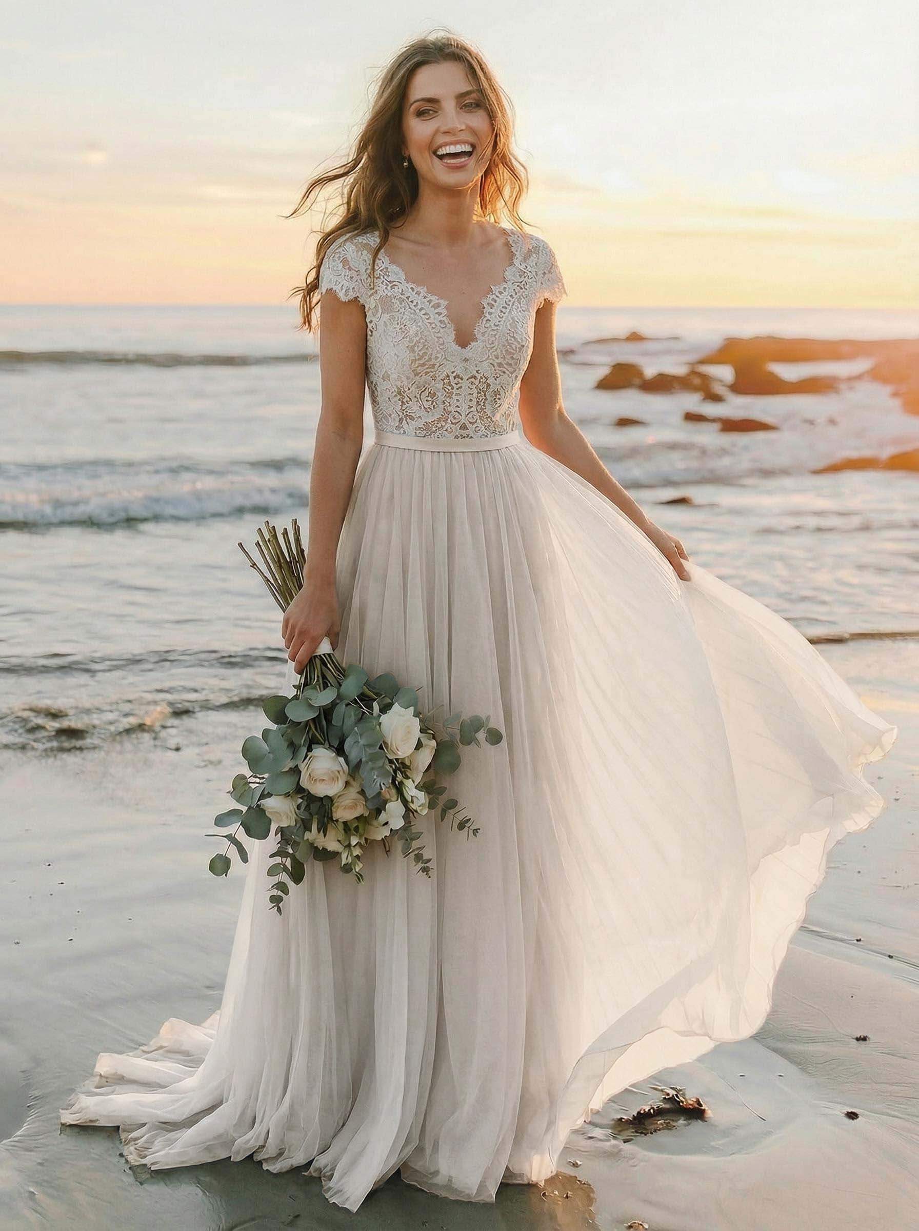 A-Line V-Neck Sleeveless Sweep Train Tulle Bridesmaid Dresses With Lace