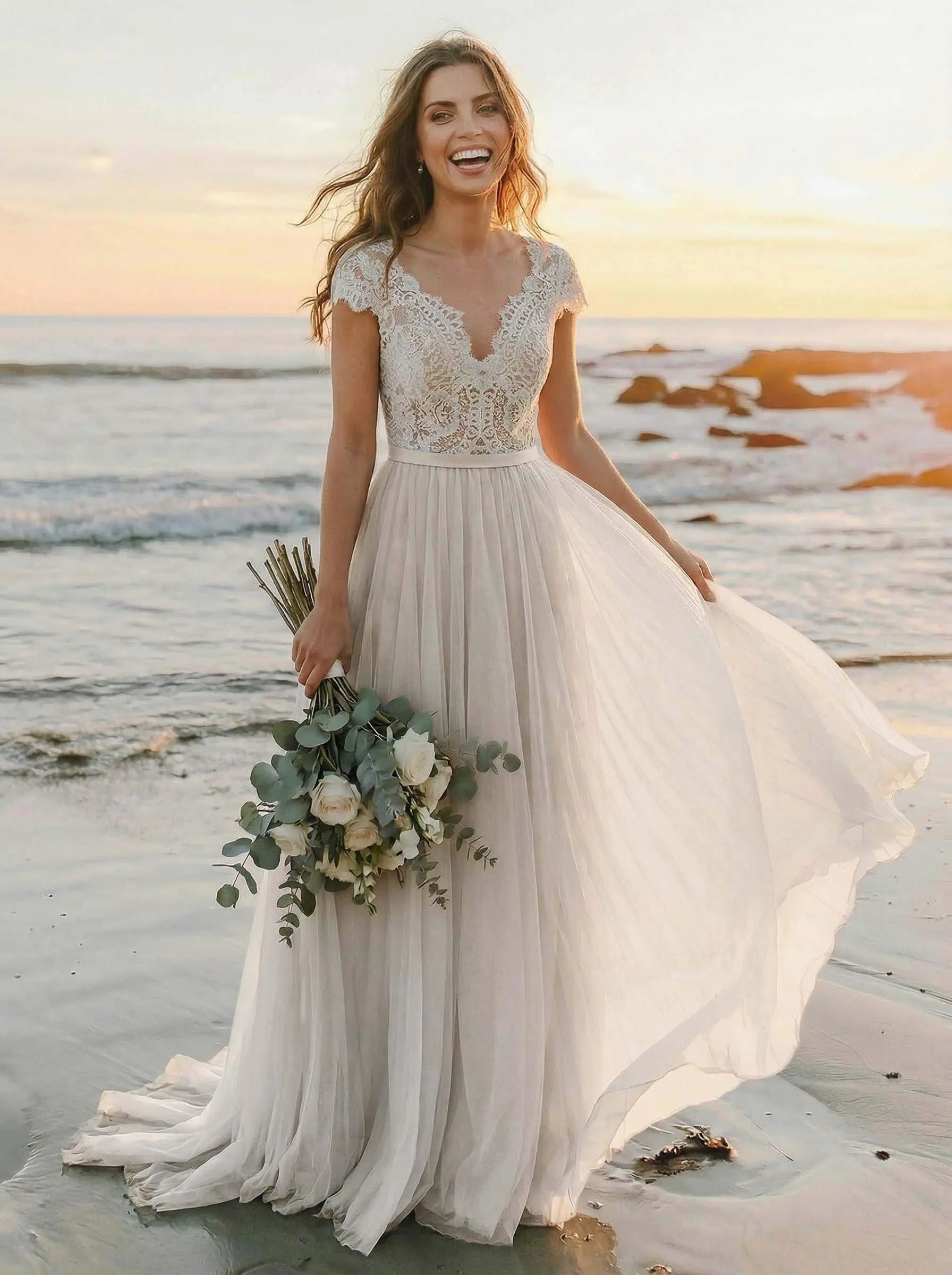 A-Line V-Neck Sleeveless Sweep Train Tulle Bridesmaid Dresses With Lace A-Line V-Neck Sleeveless Sweep Train Tulle Bridesmaid Dresses With Lace