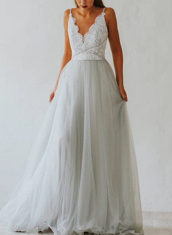 A-Line V-Neck Sleeveless Floor-Length Tulle Bridesmaid Dresses With Lace